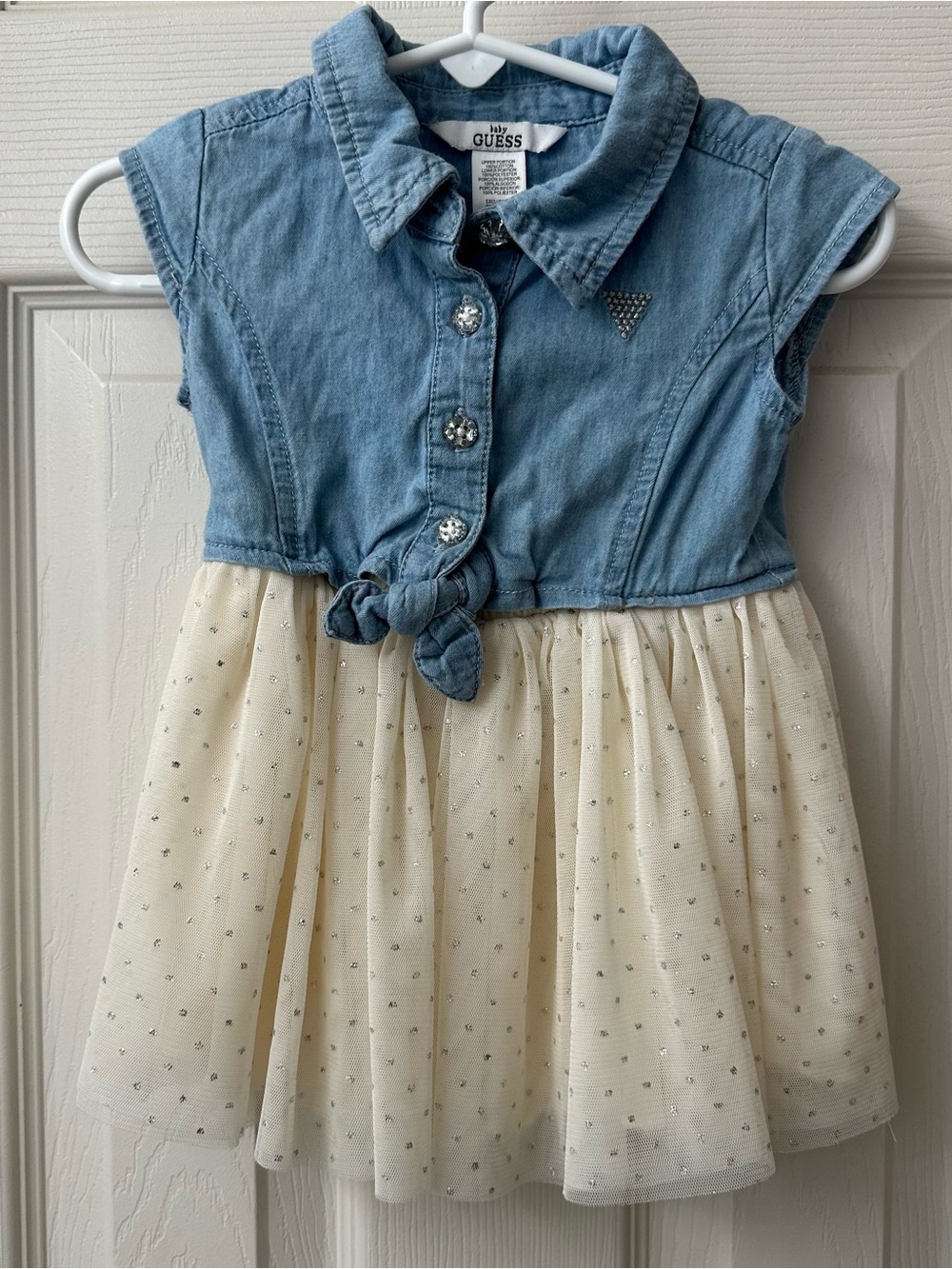 GUESS Baby Girls Denim and Glitter Tulle Dress Neutral Silver Sparkle 12M EUC